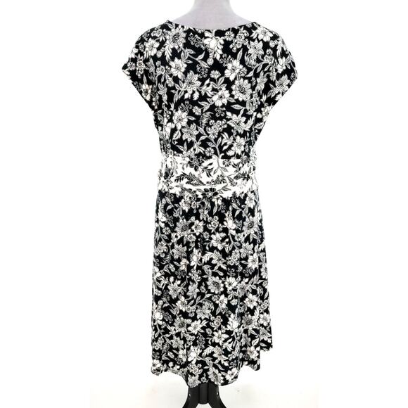 Lands End Dress Plus Sz 2X Black Ivory Floral Stretch Knit Midi Fit n Flare 20W - Picture 2 of 16